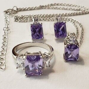 Three-Piece Purple Amethyst & CZ Necklace, Ring Sz 8 & Earrings Set